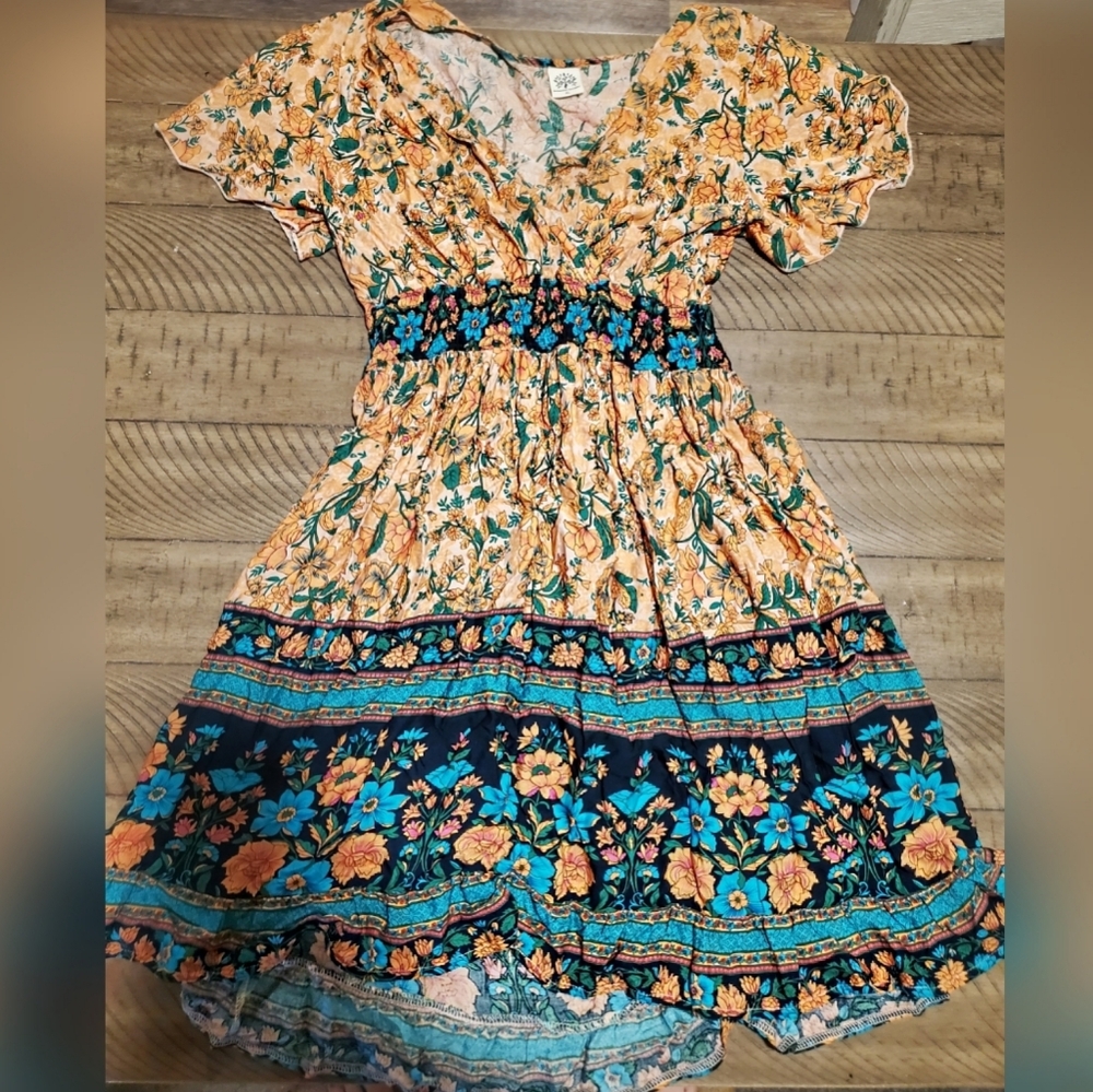 Boho Floral Midi Dress in Orange and Blue